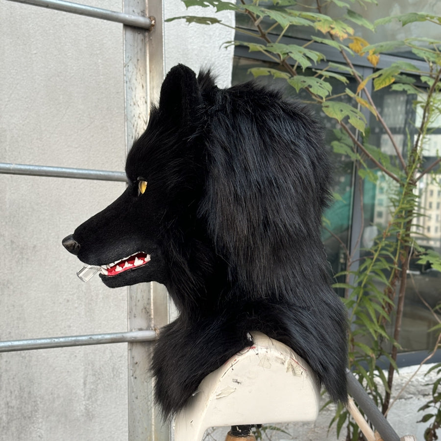 [Stock]Movable Jaw Black Wolf Head Realistic Fursuit Headpiece Cosplay Mask Halloween Costumes