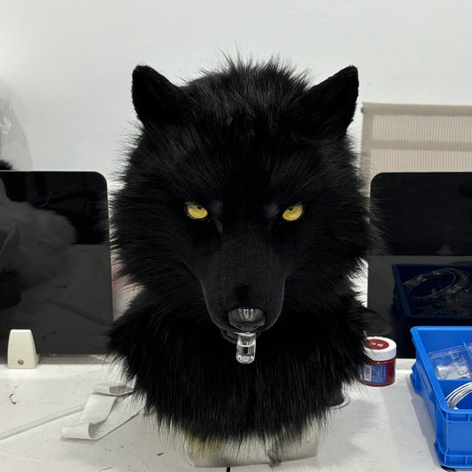[Stock]Movable Jaw Black Wolf Head Realistic Fursuit Headpiece Cosplay Mask Halloween Costumes