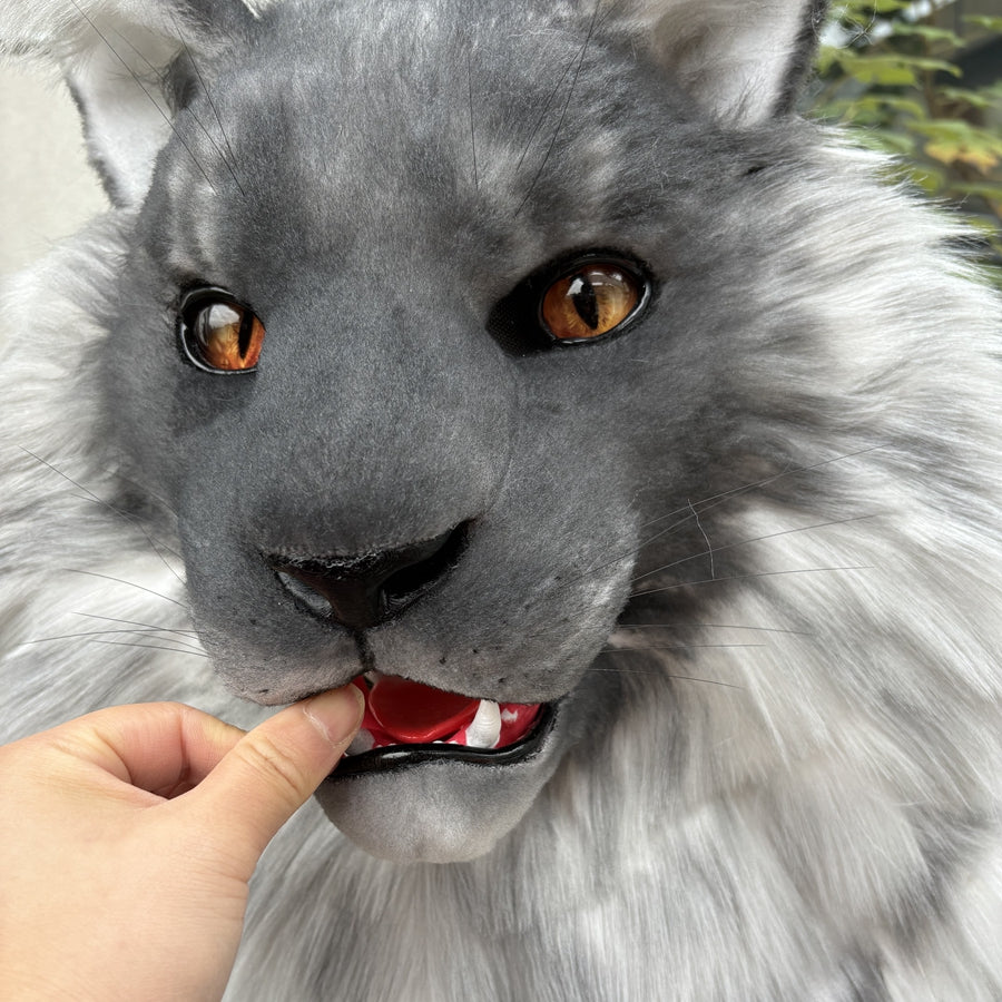 [Stock]Movable Jaw Smoke Maine Coon Head Realistic Fursuit Headpiece Cosplay Cat Mask Halloween Costumes