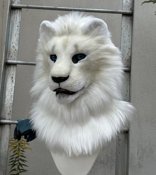 [In Stock]Realistic fursuit albino lion movable jaw headpiece halloween beast mask cosplay costumes furry accessories
