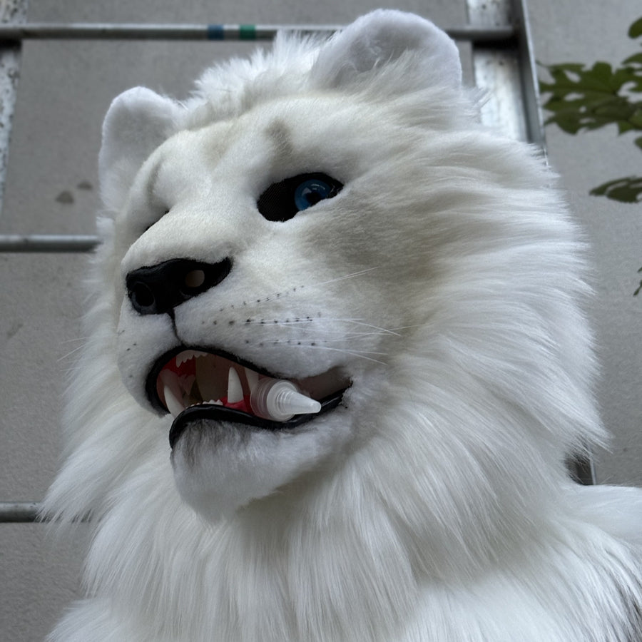 [In Stock]Realistic fursuit albino lion movable jaw headpiece halloween beast mask cosplay costumes furry accessories