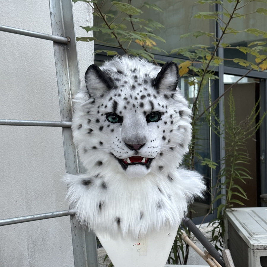 [Stock]Movable Jaw Snow Leopard Head Realistic Fursuit Headpiece Cosplay Cat Mask Halloween Costumes