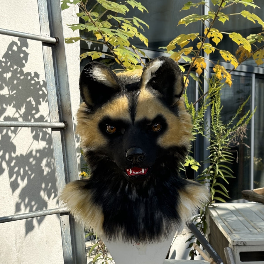 [Stock]Realistic fursuit head african wild dog movable jaw halloween mask cosplay costumes furry accessories