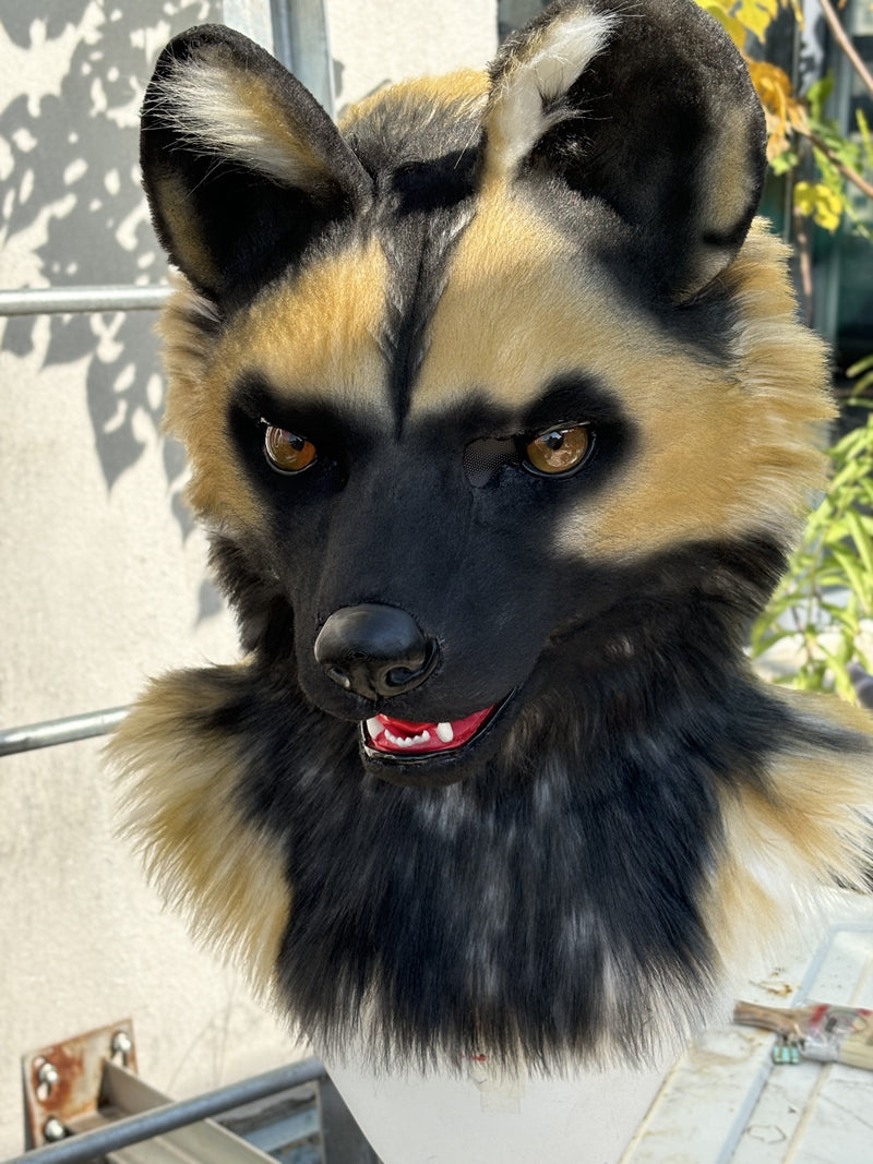 [Stock]Realistic fursuit head african wild dog movable jaw halloween mask cosplay costumes furry accessories
