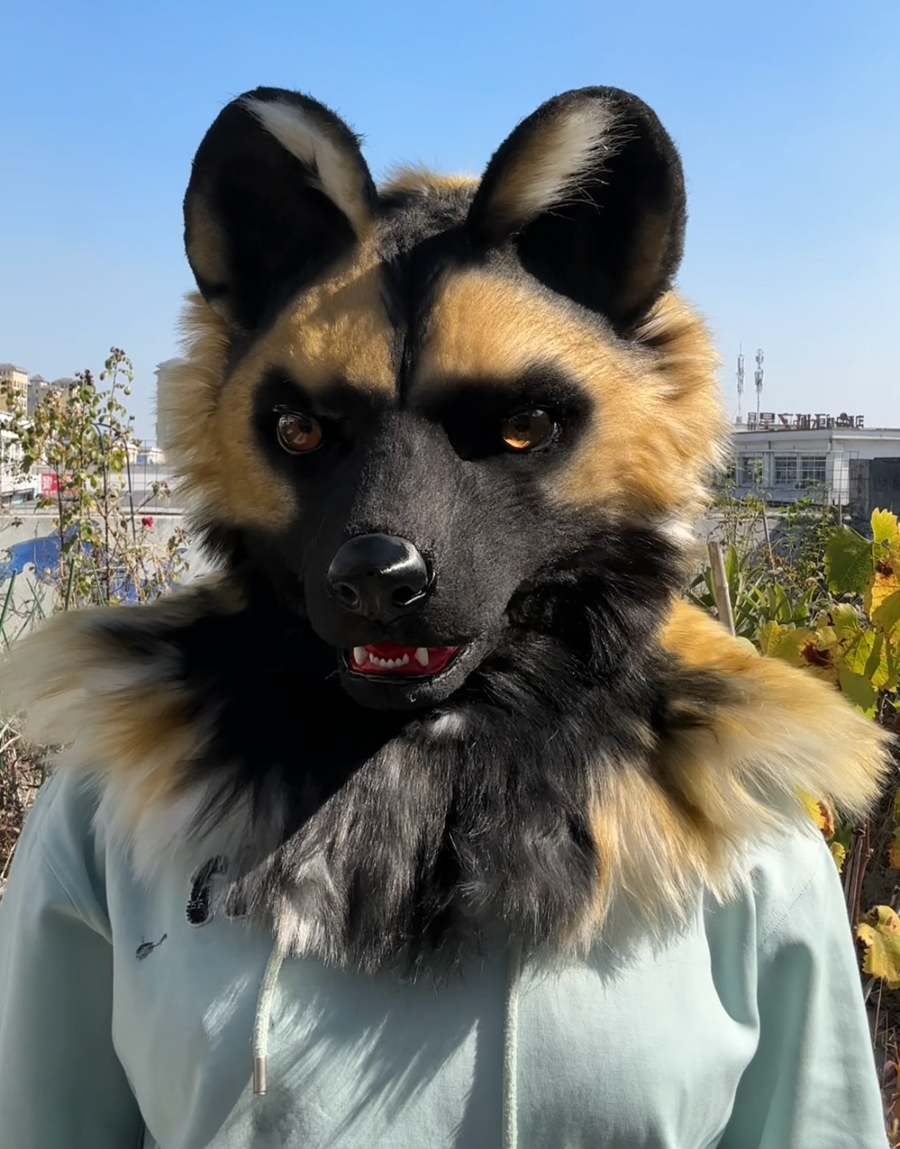 [Stock]Realistic fursuit head african wild dog movable jaw halloween mask cosplay costumes furry accessories