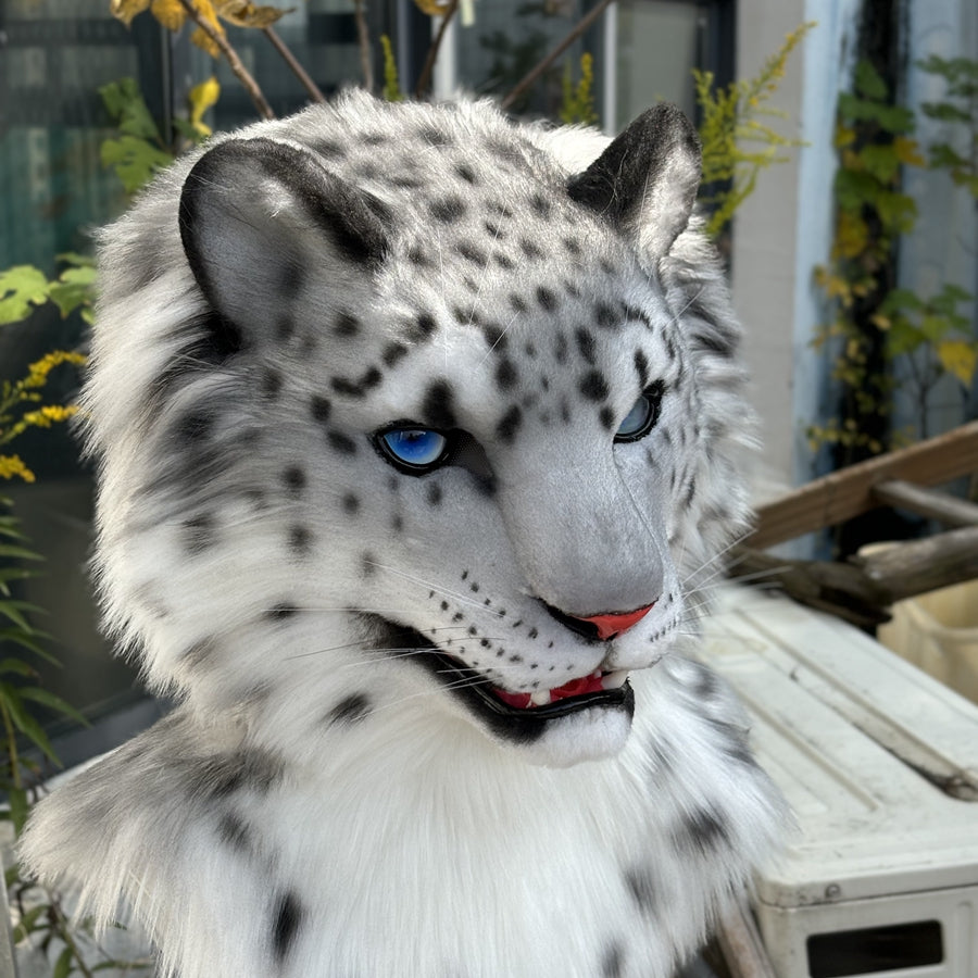 [Premade]Movable Jaw Snow Leopard Head Realistic Fursuit Headpiece Cosplay Cat Mask Halloween Costumes