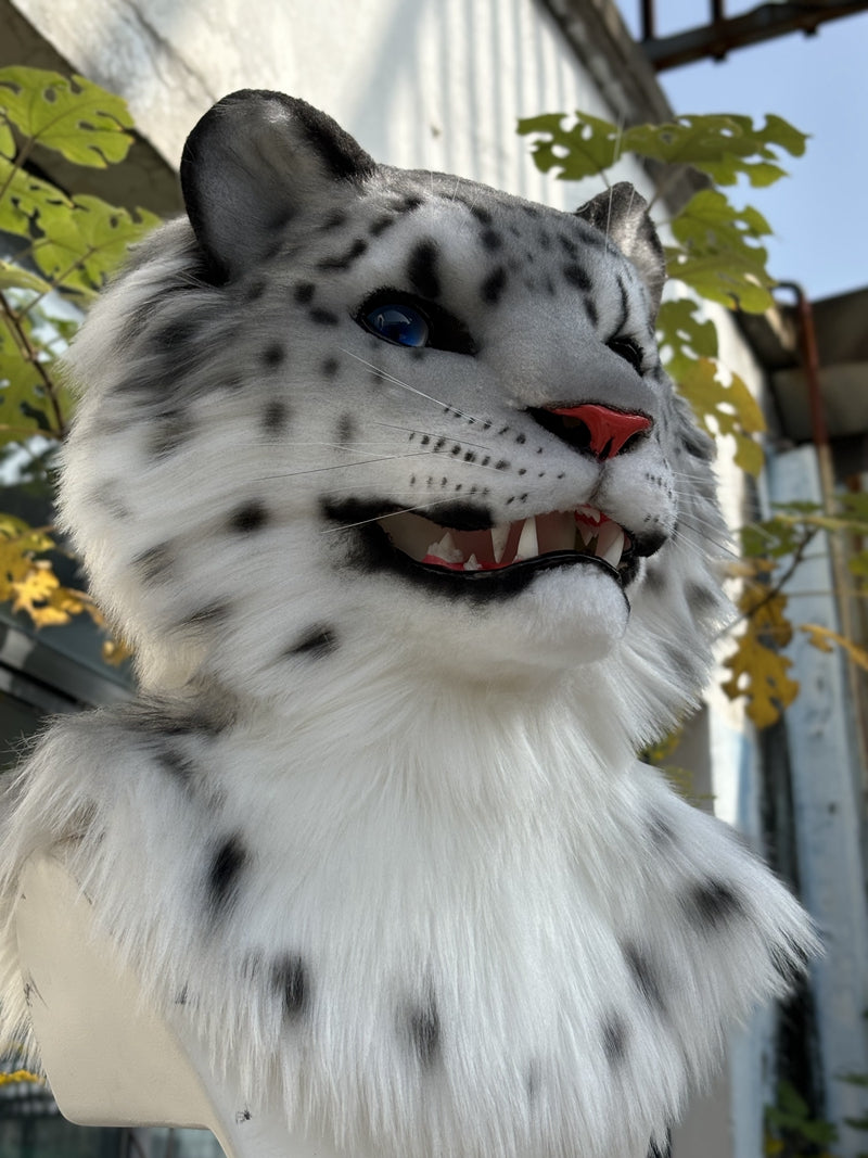 [Premade]Movable Jaw Snow Leopard Head Realistic Fursuit Headpiece Cosplay Cat Mask Halloween Costumes