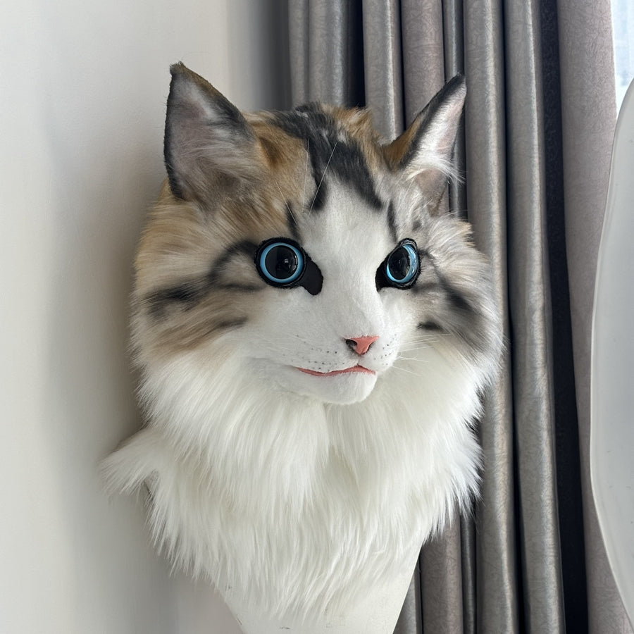 [Stock]Realistic fursuit head calico cat movable jaw headpiece halloween mask cosplay costumes furry accessories