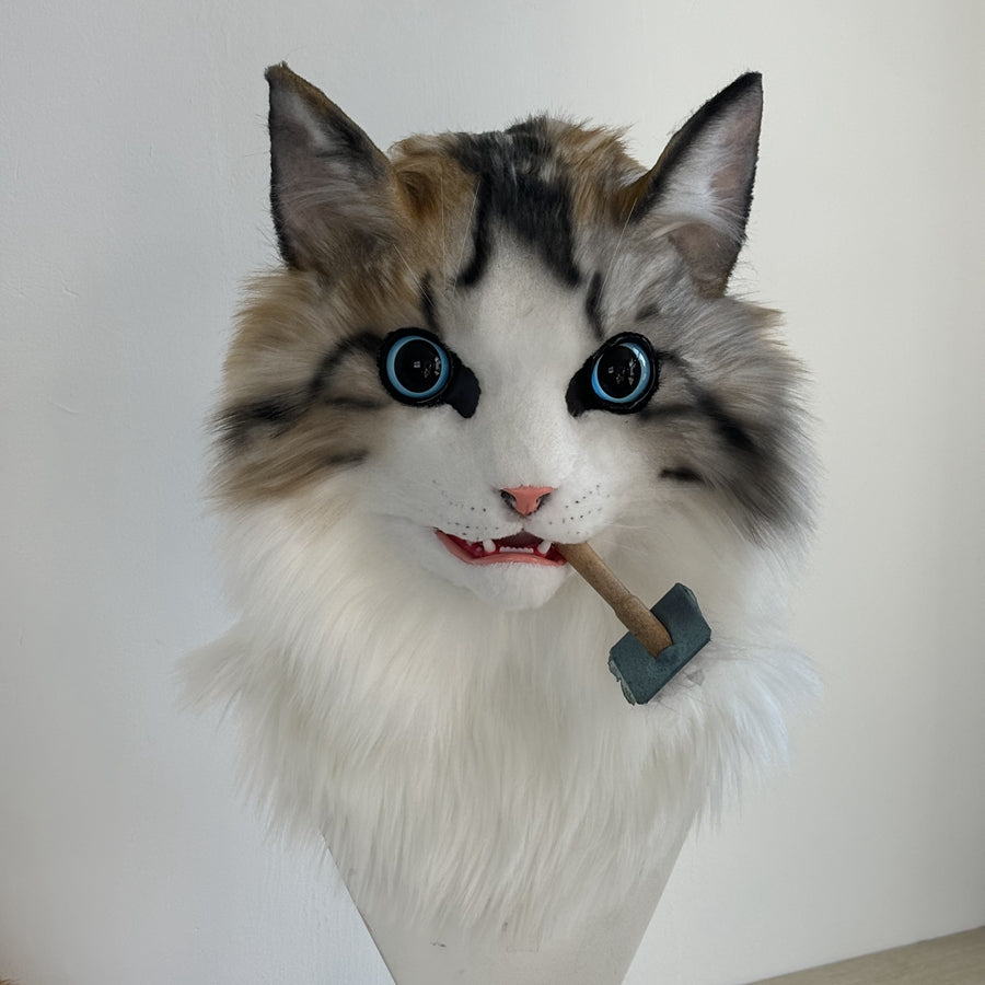 [Stock]Realistic fursuit head calico cat movable jaw headpiece halloween mask cosplay costumes furry accessories