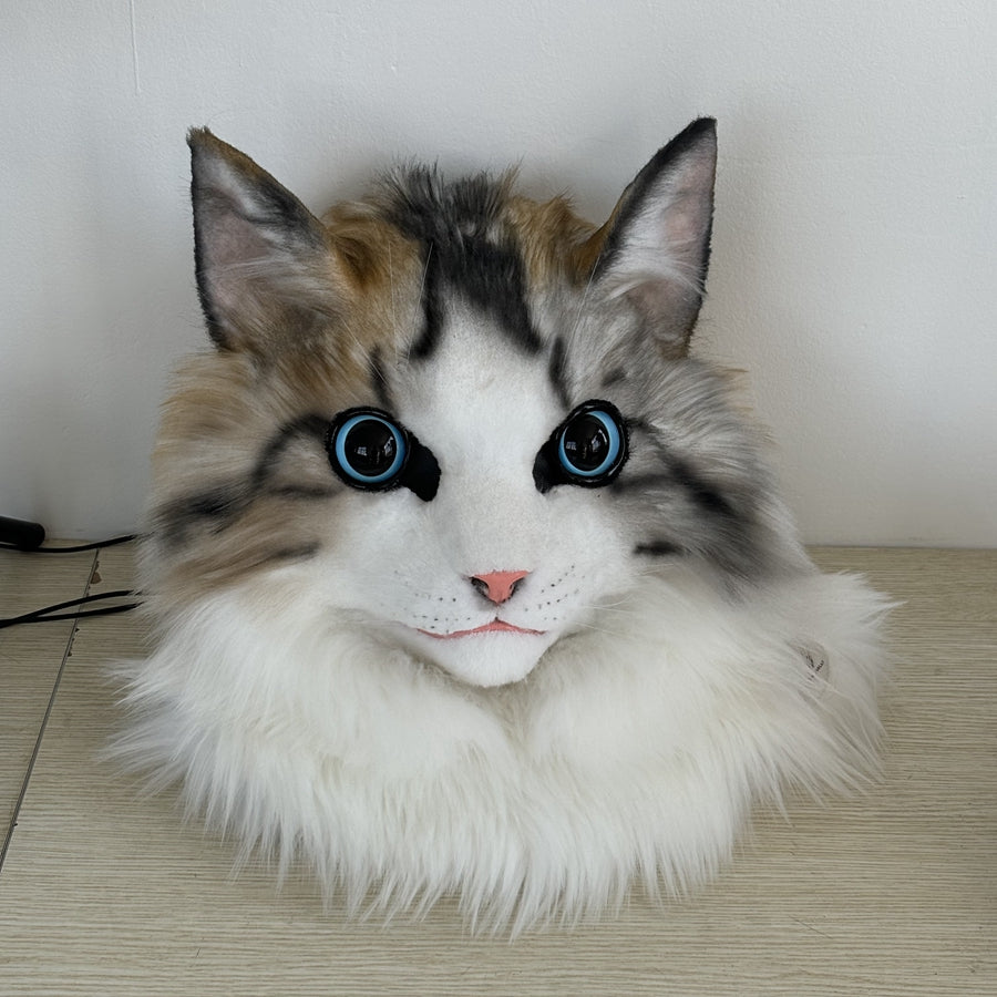 [Stock]Realistic fursuit head calico cat movable jaw headpiece halloween mask cosplay costumes furry accessories