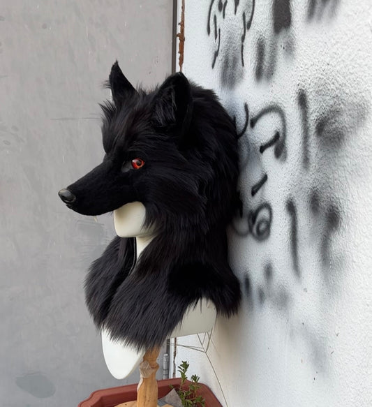 [Stock]handmade black wolf fursuit hat halloween cosplay costume headpiece half face mask furry accessories