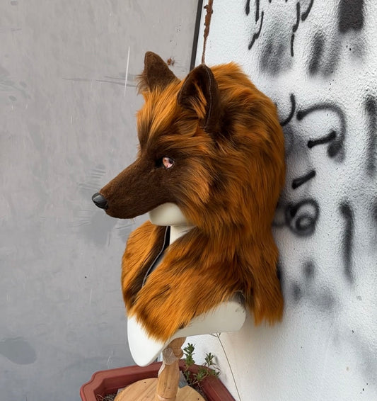 [Stock]handmade brown wolf fursuit hat halloween cosplay costume headpiece half face mask furry accessories