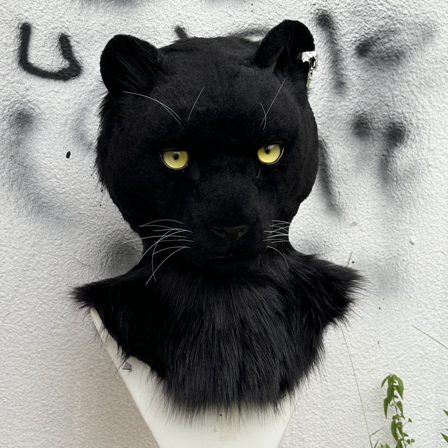[Stock]Realistic fursuit black leopard head movable jaw halloween beast mask handmade cosplay costumes