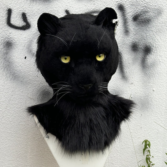 [Stock]Realistic fursuit black leopard head movable jaw halloween beast mask handmade cosplay costumes