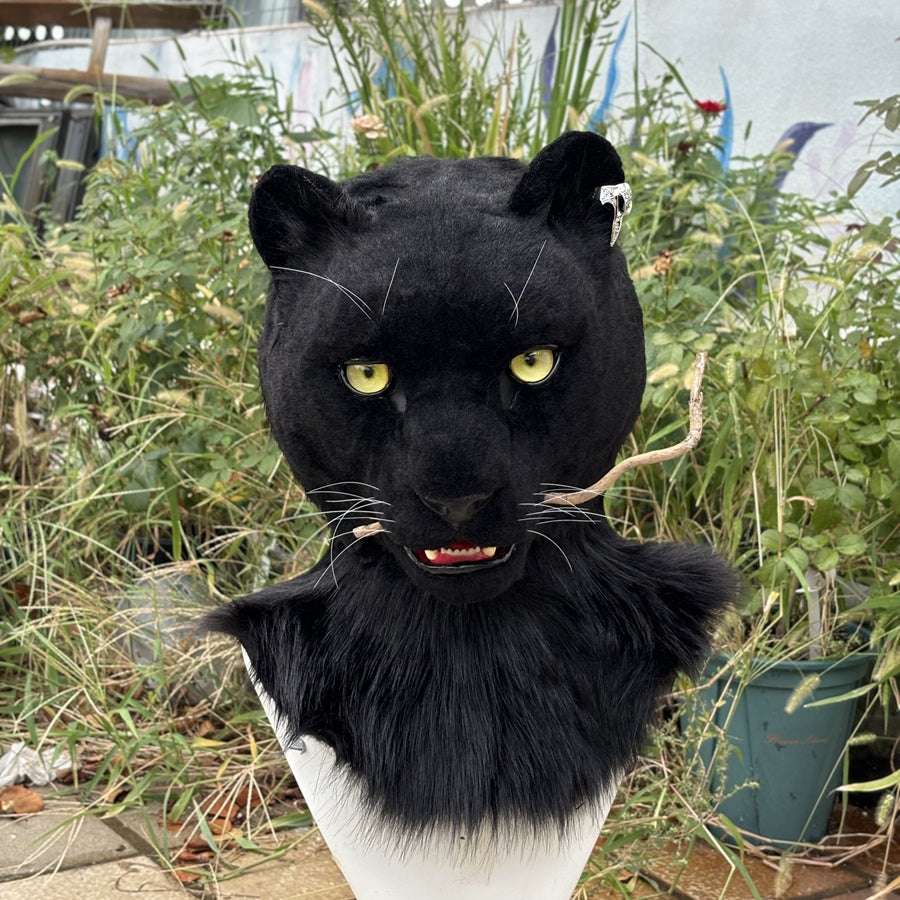 [Stock]Realistic fursuit black leopard head movable jaw halloween beast mask handmade cosplay costumes