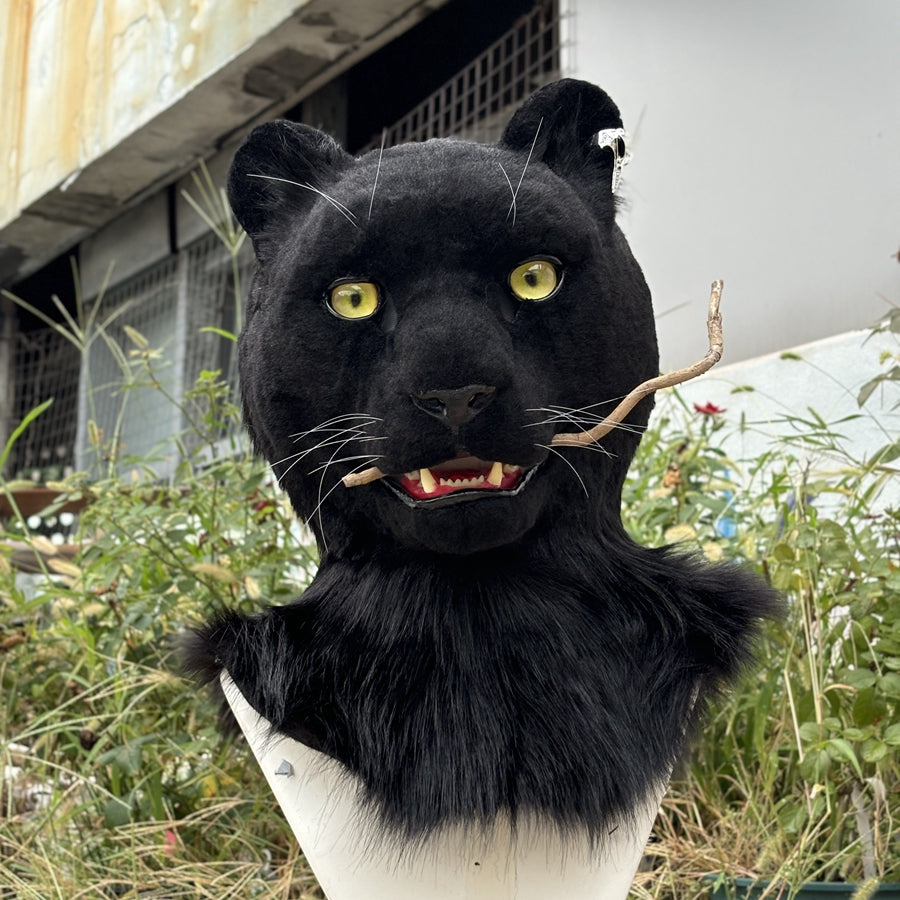 [Stock]Realistic fursuit black leopard head movable jaw halloween beast mask handmade cosplay costumes