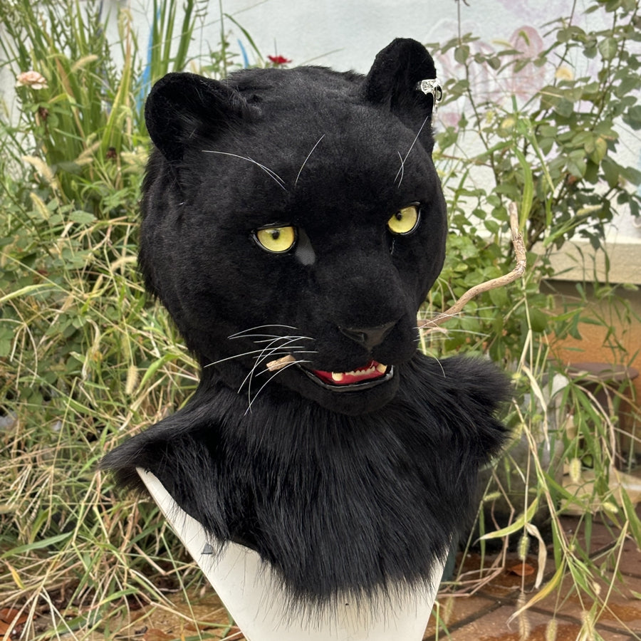 [Stock]Realistic fursuit black leopard head movable jaw halloween beast mask handmade cosplay costumes
