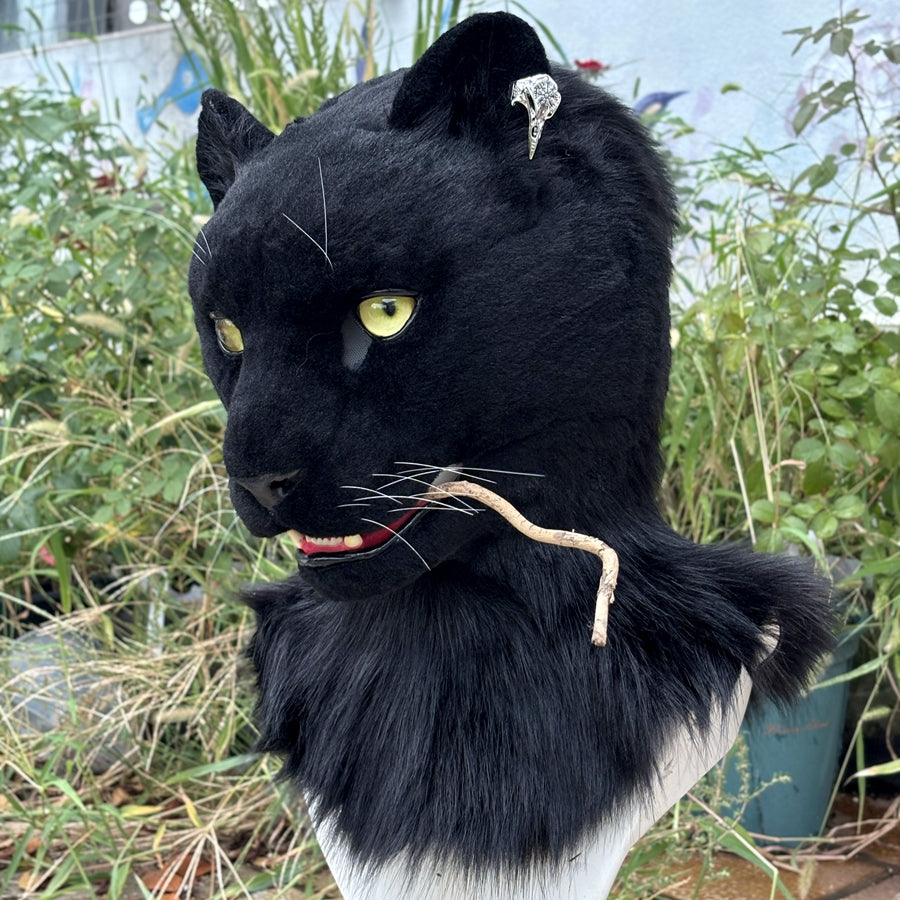 [Stock]Realistic fursuit black leopard head movable jaw halloween beast mask handmade cosplay costumes