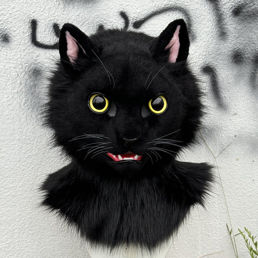 [Stock]Realistic fursuit cute black cat movable jaw headpiece halloween cosplay costumes furry accessories
