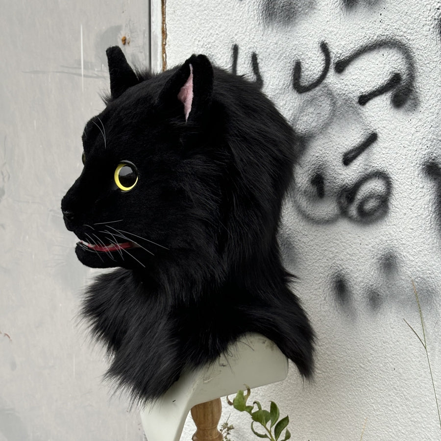[Stock]Realistic fursuit cute black cat movable jaw headpiece halloween cosplay costumes furry accessories