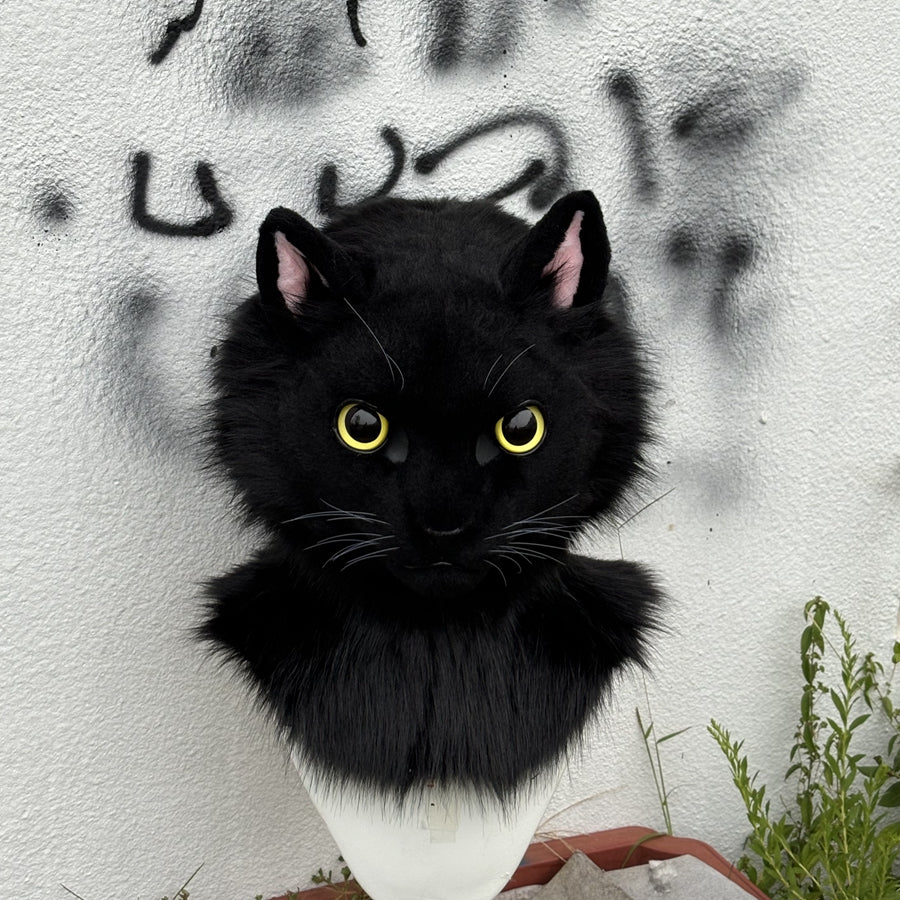 [Stock]Realistic fursuit cute black cat movable jaw headpiece halloween cosplay costumes furry accessories