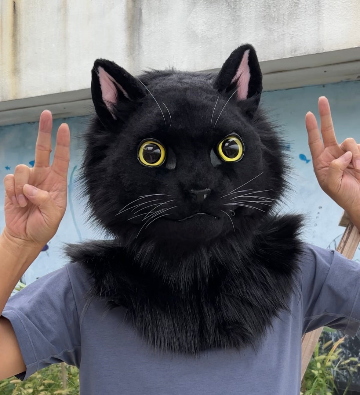 [Stock]Realistic fursuit cute black cat movable jaw headpiece halloween cosplay costumes furry accessories