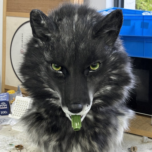 [Premade]Realistic Fursuit Head Black Wolf Movable Jaw Halloween Mask Cosplay Costumes Furry Accessories