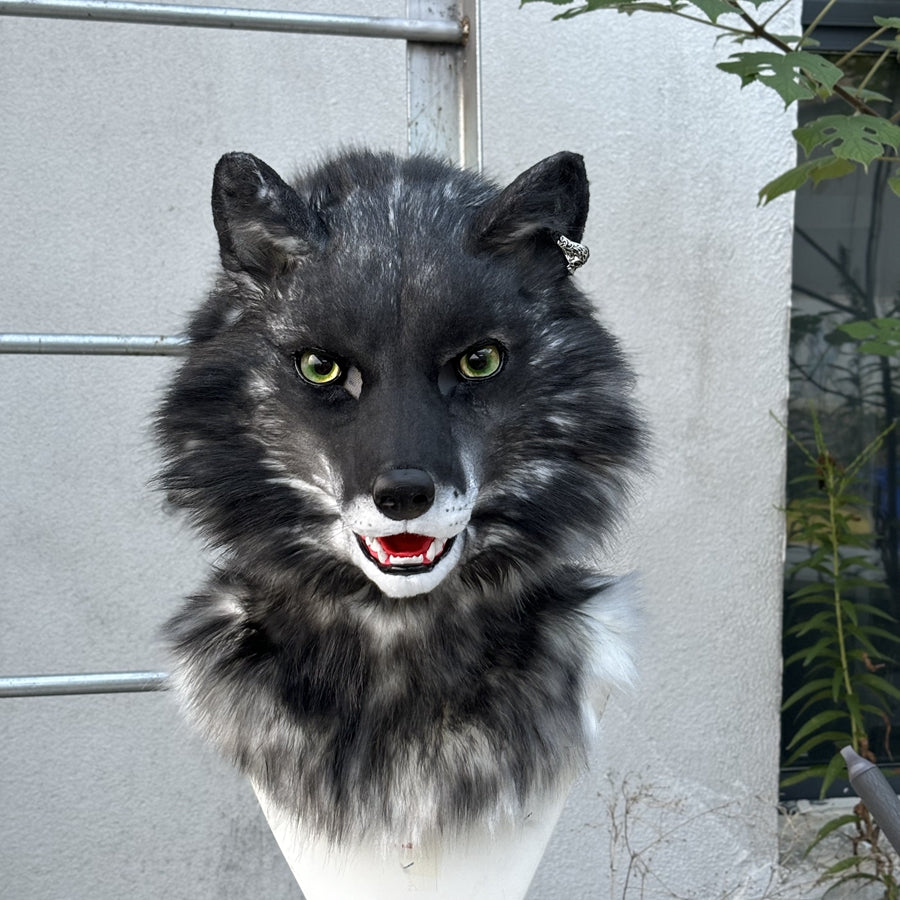 [Premade]Realistic Fursuit Head Black Wolf Movable Jaw Halloween Mask Cosplay Costumes Furry Accessories