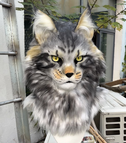 [Stock]Realistic fursuit head maine coon cat movable jaw headpiece halloween mask cosplay costumes furry accessories